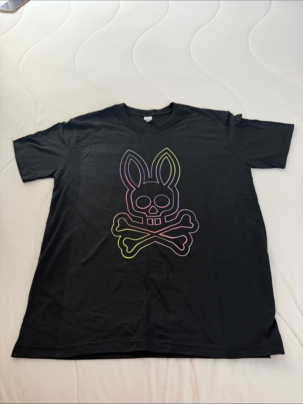 Black Mens Graphic Tee with Neon Bunny Skull